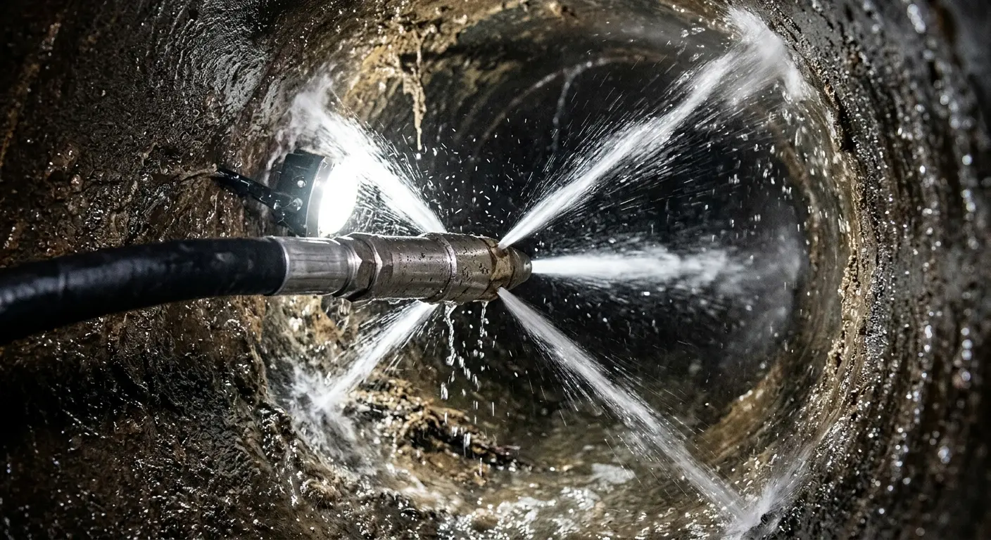 High-pressure hydro jetting nozzle cleaning sewer pipe for Trenchless Sewer Repair in Monroe